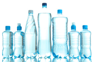 Different water bottles isolated on white