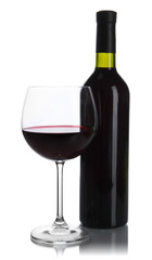 Red wine glass and bottle of wine isolated on white