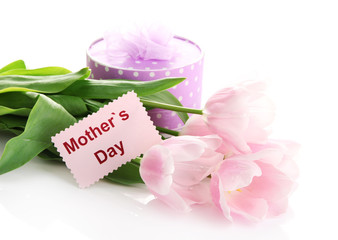Beautiful bouquet of pink tulips and gift for Mother's Day,