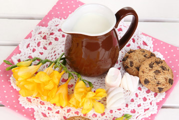 Beautiful composition of milk and cookies