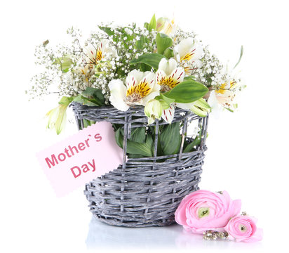 Bouquet Of Flowers In Basket Isolated On White