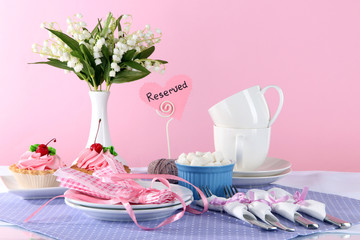 Tableware for tea drinking on bright background