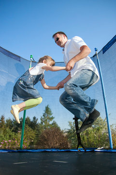 girl, daughter, father, man, jump, trampoline