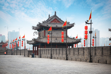 ancient tower on city wall in Xi'an - obrazy, fototapety, plakaty