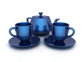 Blue tea cups with teapot on white