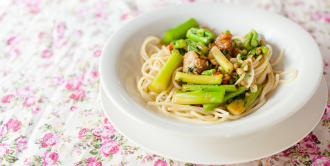 Spaghetti Fried with Kale and dried salted fish.