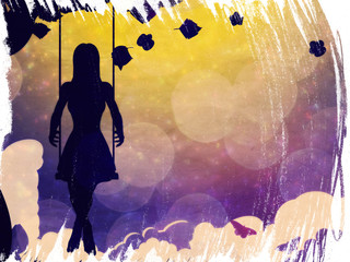 Obraz na płótnie Canvas Grunge girl on swing silhouette at night