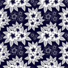 Seamless navy blue pattern with white flowers