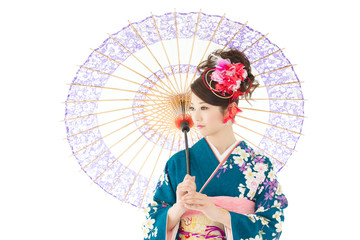 Beautiful asian kimono woman on white background