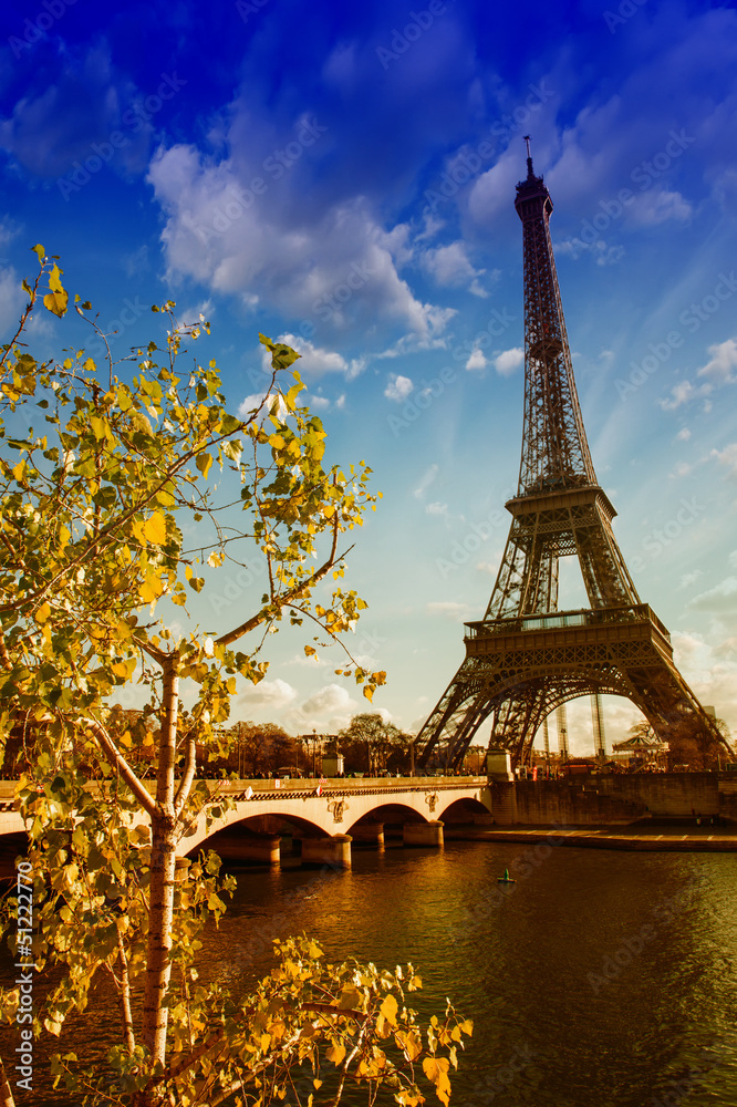 Poster Beautiful colors and vegetation near Eiffel Tower and Seine rive