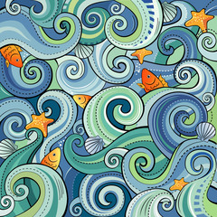 Background with waves, fish, shells and starfish
