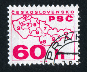 Map of Czechoslovakia with postal code numbers