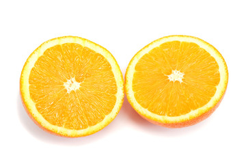 Two halves of orange isolated on white background.