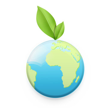 Icon of globe with leaves. Vector design.