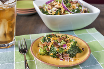 Broccoli salad served with iced tea