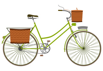 Sylwetka klasycznego roweru damskiego z koszykiem wiklinowym. - obrazy, fototapety, plakaty