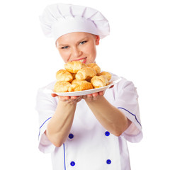 Chef woman with cooked pastries, isolated ob white background