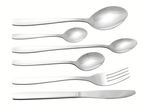 Kitchen set of fork, knife and spoons isolated on white