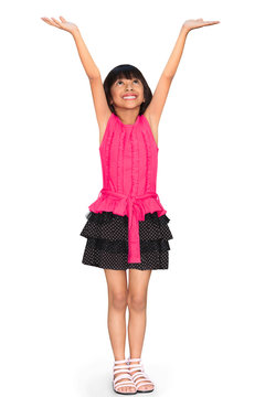 Asian little girl standing and holds hands up