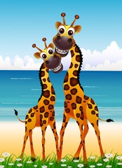 Naklejka premium cute couple giraffe cartoon with beach background