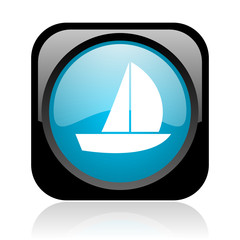 yacht black and blue square web glossy icon