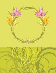 Fototapeta na wymiar Wreath with crocuses on the green ornamental background