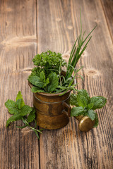 Mortar with herbs