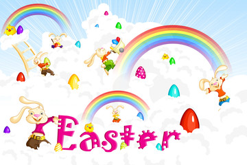 Fototapeta na wymiar Easter Bunny jumping on cloud