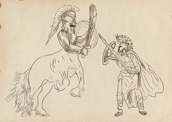 Fototapeta na wymiar Mity greckie (pełnowymiarowa rysunek ręka) - Centaur, Tezeusz