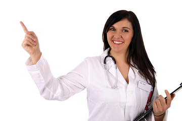 young doctor with writing board pointing up