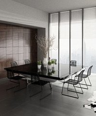 Modern Dining Room Interior with black table and chairs