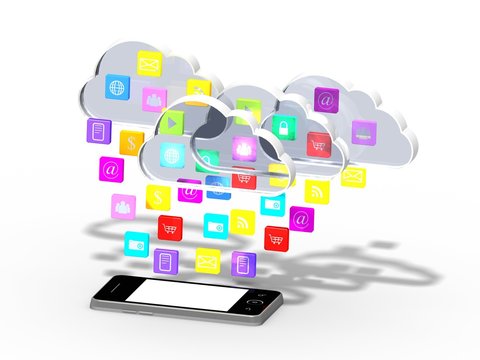 smartphone with cloud of application icons