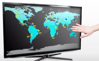 Hand showing weather forecast on modern TV screen
