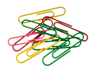 colored paper clips on a white background, isolated