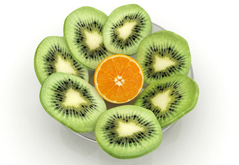 Fototapeta premium slices of kiwi and orange on a white