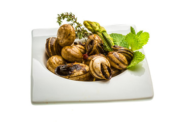 Escargot with asparagus, rosemary, thymus and tomato