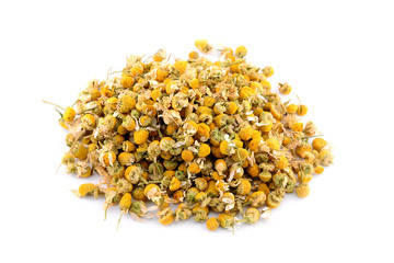 Heap dried chamomile isolated on white background