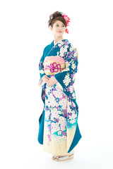 Beautiful asian kimono woman on white background