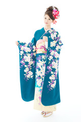 Beautiful asian kimono woman on white background