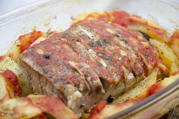 Food - Pork steak with baked potatoes and spices