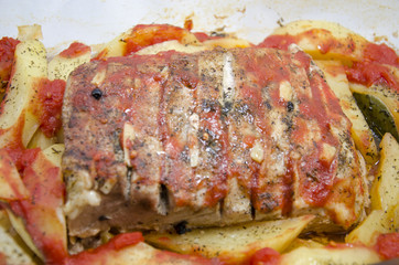 Food - Pork steak with baked potatoes and spices