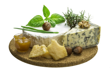 Assorted cheese - brie, dor blue and hard old yellow cheese