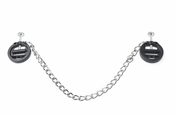 black fetish nipple clamps with chain isolated on white backgrou