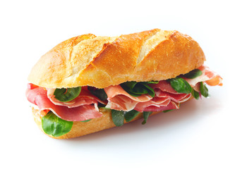 Crispy baguette with ham and basil