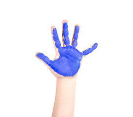Obraz premium Child's hand with blue paint on it