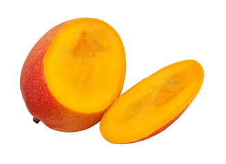 Half cut mango fruits on white background