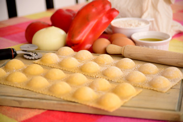 Fototapeta na wymiar Homemade raviolis with ingredients.