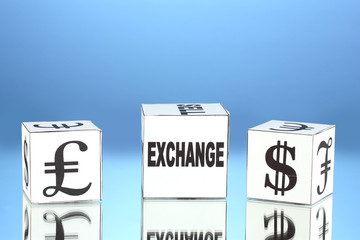 forex. currency in the white dices on blue background