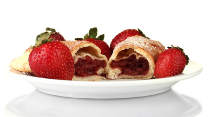 Fresh bagels with strawberry isolated on white