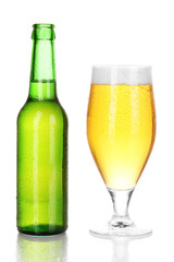 Bottle and glass of beer isolated on white